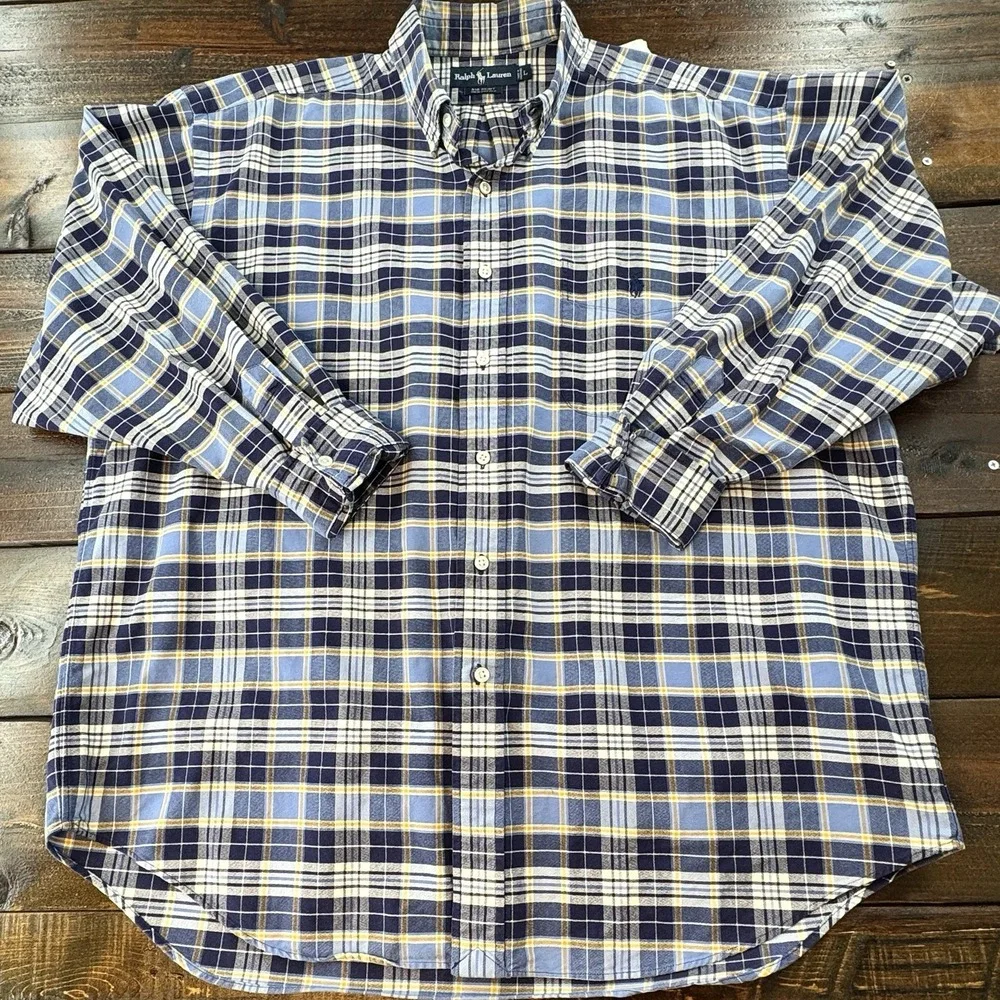 Polo Ralph‎ Lauren BIG Shirt Men Lg Blue Plaid Cotton Button Down Oxford Shirt